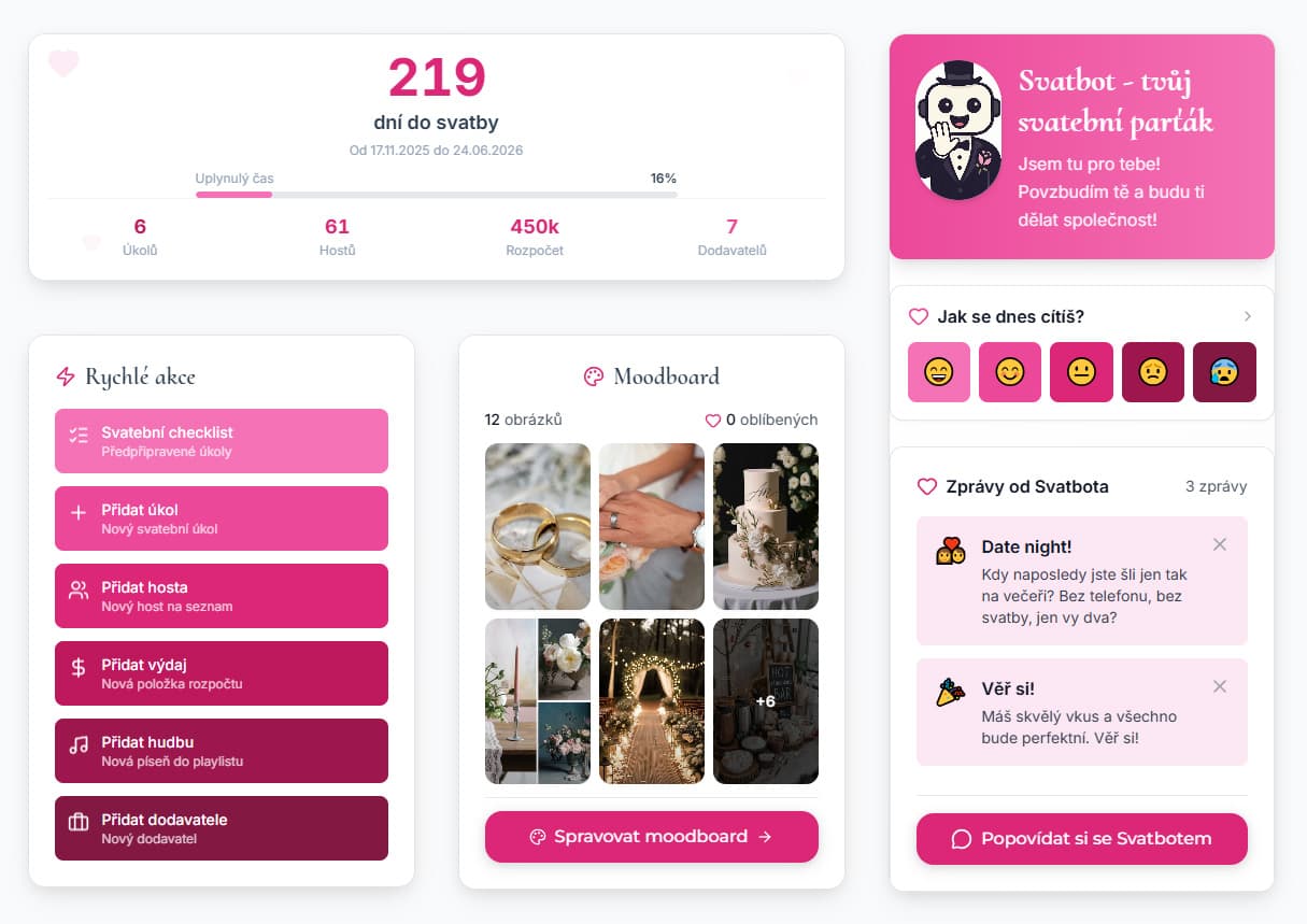 Náhled dashboardu SvatBot.cz s AI asistentem, správou rozpočtu, timeline a dalšími nástroji pro plánování svatby